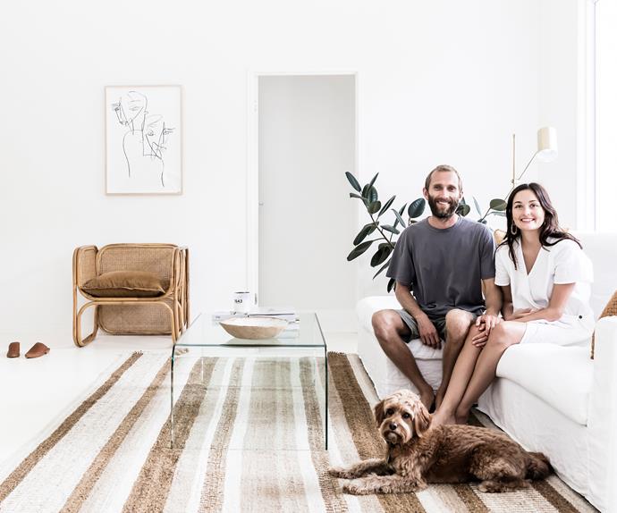 Founders of fashion label St Agni at home in their coastal minimalist living room in Byron Bay