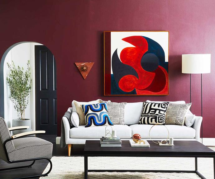 **Bold and graphic** "Graphic patterns and recurring shapes are a stand-out against a classic sofa," says Jono.