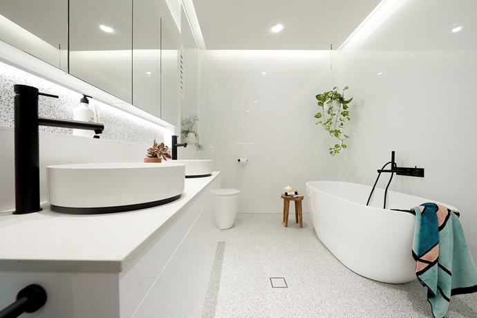 **Main bathroom** - Trendy terrazzo tiles and a functional layout are what made this room a winner for the judges. Former Block contestants [Alisa and Lysandra loved the bathroom](https://www.homestolove.com.au/the-block-2018-bathroom-reveals-7145|target="_blank") but said if they had to change one thing, it'd be swapping out high gloss tiles for a style with a matt finish.