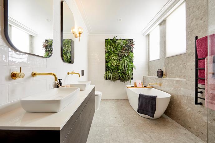 Even with a feature green wall and brass tapware, the main bathroom completed by Hayden and Sara fell flat with the judges. [Design duo Alisa and Lysandra](https://www.homestolove.com.au/the-block-2018-bathroom-reveals-7145|target="_blank"), on the other hand, loved the couple's choice of floor tiles.