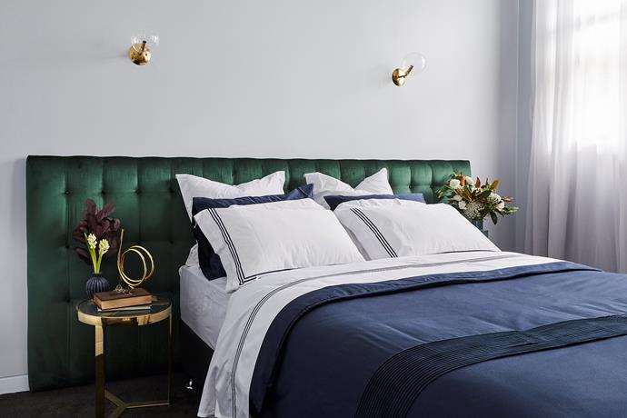 ** Guest bedroom 1 -** When Norm and Jess demonstrated this level of luxury in week two on The Block, we knew they were a force to reckon with. The emerald green, oversized bedhead, hotel-style bedding and brass accents ooze penthouse luxury.
