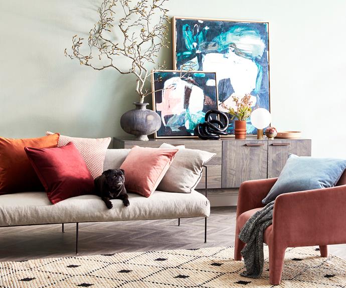 **Light and bright** Chloe the pug makes herself at home in this cosy setting. *Styling assistance by Nonci Nyoni, Melissa McMeekin, Catherine Riolo and Brodie Kiah. *