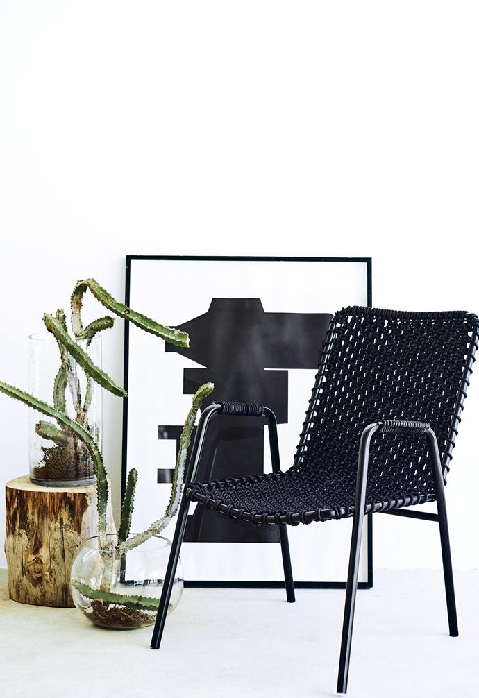 **Roped in** Design loves the unexpected application of techniques and materials, and this chair embodies just such a surprise. The simple frame has been upcycled with a macramé seat in an elegant, simple knot with cuff detailing on the arms.