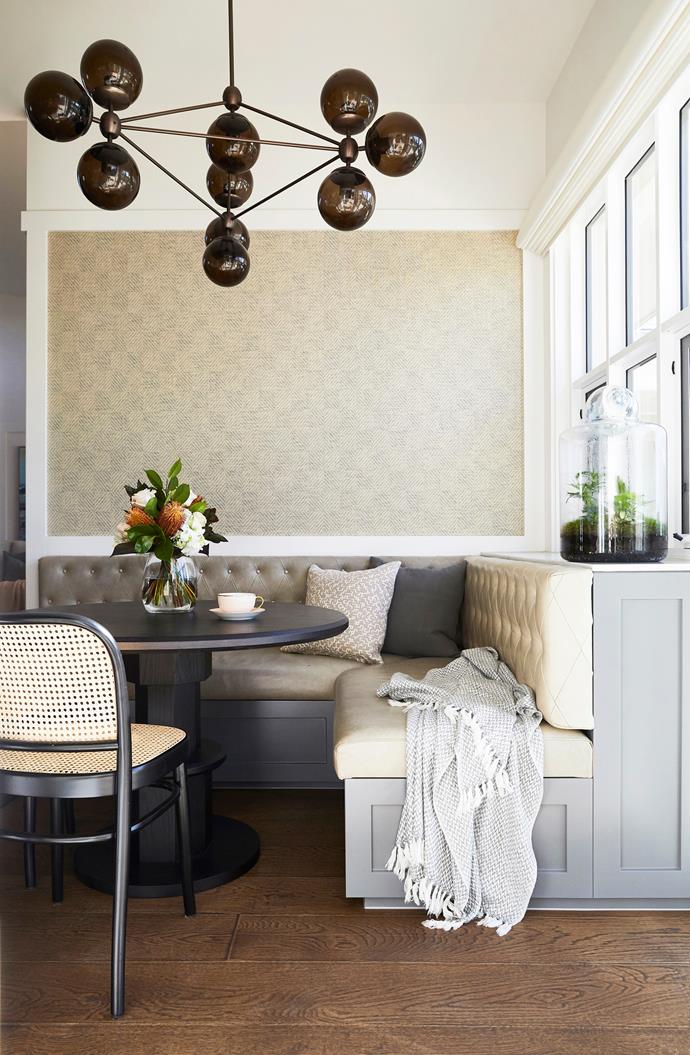 **'Take a seat' by [Bloom Interior Design](http://bloominteriordesign.com.au/|target="_blank"|rel="nofollow"):** Leading the brief at this Sydney home was a desire for a multipurpose breakfast nook adjacent to the kitchen, a niche that could be enjoyed with friends and family at any time of day as a relaxed dining or coffee spot. Terri Shannon and Emma Hunting from Bloom Interior Design created a cafe-style dining experience, designing a beautiful L-shaped nook with leather-upholstered banquette seating that beckons you to stay awhile. A round table, woven wallcovering and a statement chandelier in smoky glass complete a terrific space, perfectly positioned in a sunlit corner. *Photo:* Armelle Habib