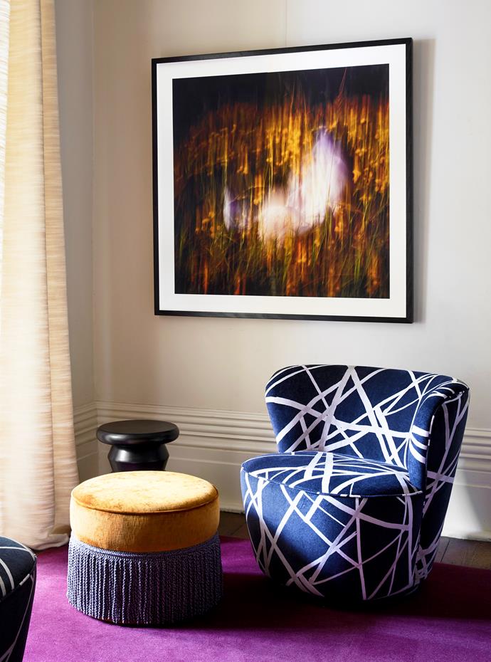 An oversized ultraviolet rug instantly lifts this corner of the formal dining room created by Moss. The artwork is by [Bridget Meldrum](https://www.instagram.com/images_by_bridget/|target="_blank"|rel="nofollow").