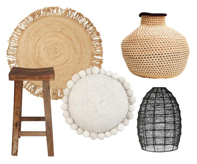 **Dream weaver** Add texture and warmth to all-white interiors with woven baskets, rugs and cushions in neutral tones. **Get the look** (clockwise left to right) 'Savannah' rug, $169.95,  [Marr-Kett](https://marr-kett.com.au/|target="_blank"|rel="nofollow"). Baba Tree woven basket, $180, [Koskela](https://www.koskela.com.au/|target="_blank"|rel="nofollow"). 'The Hive' pendant, $900/large, [Barefoot Gypsy](https://barefootgypsy.com.au/|target="_blank"|rel="nofollow"). 'Monte Pom Pom' cushion, $195, [Pampa](https://pampa.com.au/|target="_blank"|rel="nofollow"). Recycled elm bar stool, $379, [Bisque Interiors](https://bisqueinteriors.com.au/|target="_blank"|rel="nofollow").