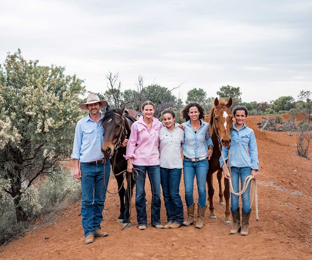 Horses Saloon and Diva pose alongside their human family members at [Pincally Station near Broken Hill](https://www.homestolove.com.au/homestead-reno-pincally-station-broken-hill-nsw-19294|target="_blank"), NSW. Zanna and Matt Gale, who have run the property for more than 20 years were hit hard during the drought. They have destocked to less than half of their herd, selling off lambs, wethers and cattle. "It doesn't have to rain here, as long as it rains somewhere," says Matt.