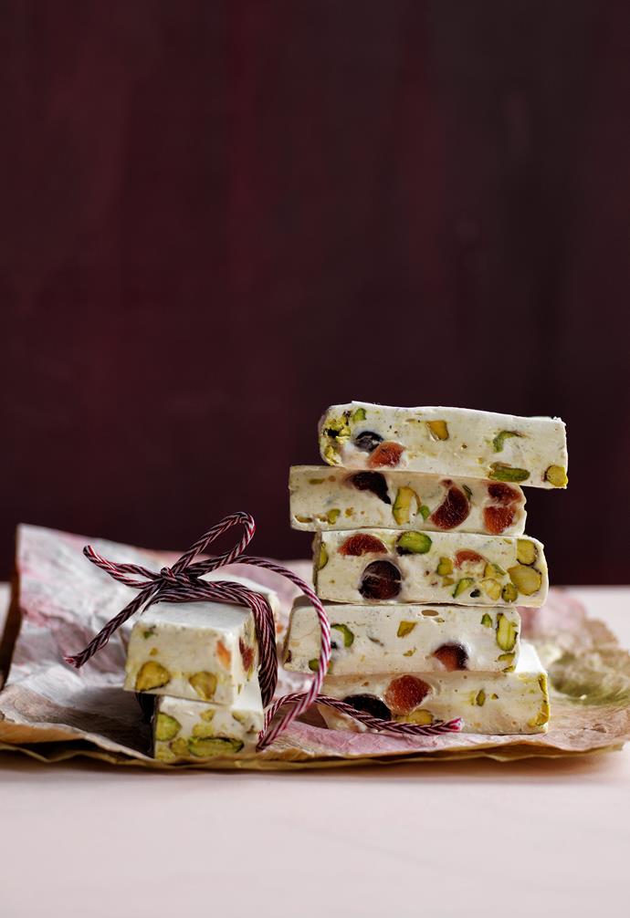 **Pistachio and cherry nougat squares** Give the ultimate festive gift with bars of homemade nougat, packed with cherries and nuts, wrapped in candy-cane striped twine and delicate sheets of tissue paper. Red and white cord, [Vandoros](https://www.vandoros.com.au/|target="_blank"|rel="nofollow"). Tissue paper, stylist's own.