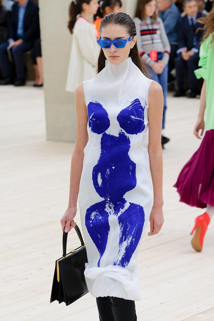 Designed by Phoebe Philo, the Spring Summer 17 collection of French label Céline featured recurring pops of ultramarine and white dresses with prints that paid tribute to Yves' Anthropometry nude paintings. *Photo: Jason Lloyd-Evans*