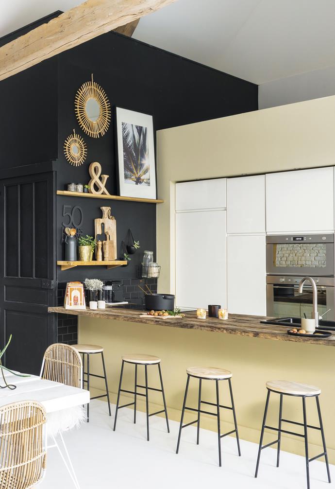 **Kitchen** The kitchen worktops, made from former railway sleepers, bring a rustic touch to the contemporary [Ixina](http://www.ixina.com/|target="_blank"|rel="nofollow") kitchen cabinets. The bar stools from [Søstrene Grene](https://sostrenegrene.com/|target="_blank"|rel="nofollow") and wooden letter from [H&M Home](https://www.hm.com/au/department/HOME|target="_blank"|rel="nofollow") add warmth. A photograph of a tropical scene from Pinterest lends a relaxed feel to the space.