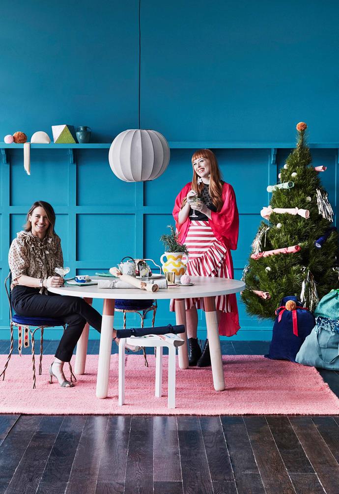 **Rachel and Rachel** Rachel Castle and Rachel Burke joined stylist Megan Morton to share their top tips and tricks for creating a [DIY Christmas](https://www.homestolove.com.au/a-beginners-guide-to-a-diy-christmas-18213|target="_blank").<br><br>**Get the look**: *Made By Hand 'Knit Wit 45' pendant light, $1100, Fred International. 'PBS' dining table, $1700, Koskela. **On table**: Champagne glass, $22, and tumbler, $16, Williams Sonoma. Teapot, $120, Water Tiger. Yellow vase with original artwork by Bonnie Ashley, POA, Bonnie And Neil. wedese 'Spin' stool, $860, Fred International.*