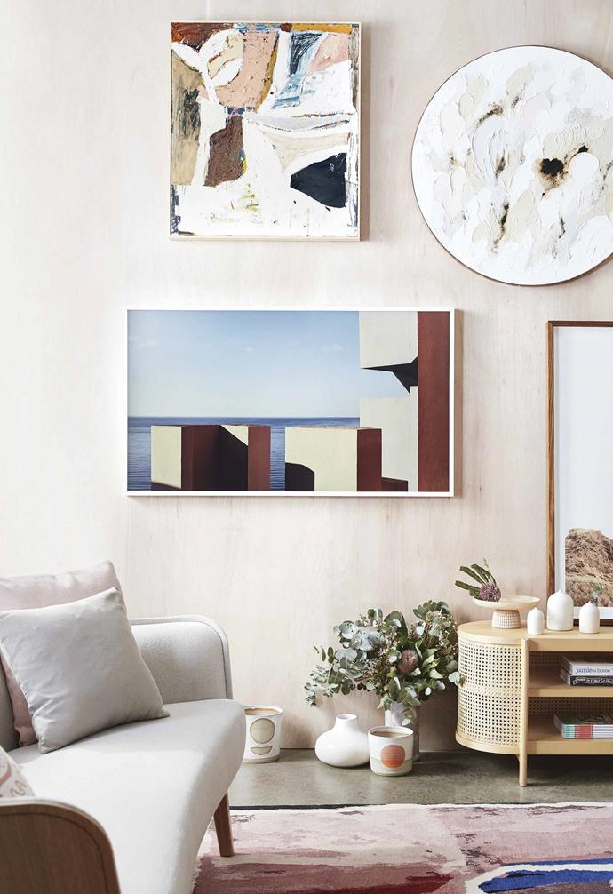 Samsung's The Frame fits perfectly into this gallery wall, featuring art by Nacho Allegre. *Styling: Jono Fleming and Natalie Johnson | Production: Mia Daminato | Photography: Sam McAdam Cooper*