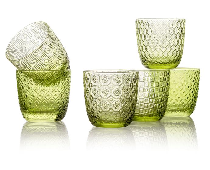These handmade, vintage-style tumblers will fit beautifully within a nature-inspired setting, indoors or out. Each glass in the set features a unique geometric pattern inspired by a 1960s icon, from Audrey Hepburn to Brigitte Bardot.
<br><br>
IVV 'Sixties' glasses in Leaf Green, $151/set of six, [Noritake](https://noritake.com.au/|target="_blank"|rel="nofollow")