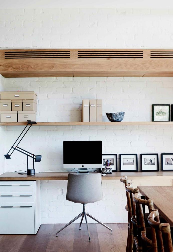 **GO WIDE, NOT DEEP**
<br>
Sure, at work we often get both, but at home the trick is to keep things looking unobtrusive while also acting as a versatile space. Choosing a narrower desk surface that stretches wide streamlines the visual impact of the desk without sacrificing surface area. 
<br>
*Photography: Prue Ruscoe*