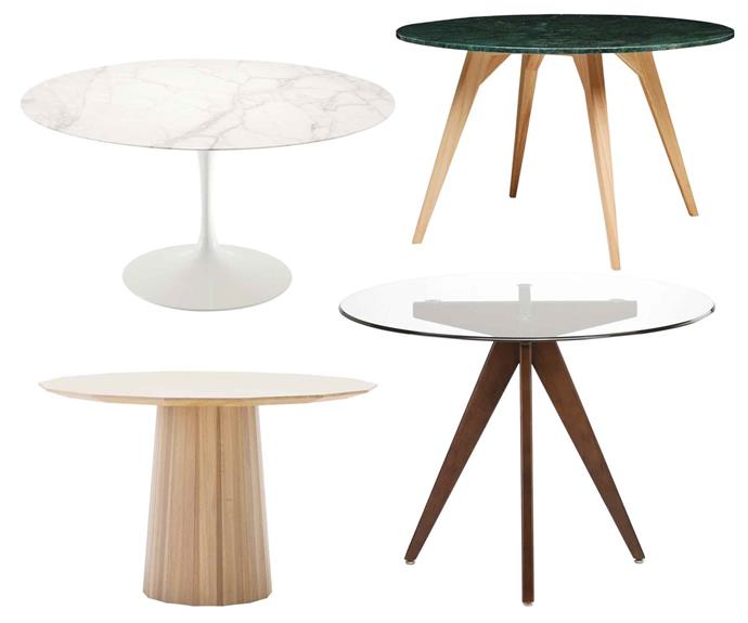 **Round tables** Eliminating corners from a table permits easy movement around a room and still allows for seating. **Get the look** (clockwise left to right) Knoll Studio 'Saarinen Tulip' dining table, $7570, [Dedece](http://dedece.com/|target="_blank"|rel="nofollow"). 'Woodrow' dining table, $1900, [Fenton & Fenton](https://www.fentonandfenton.com.au/|target="_blank"|rel="nofollow"). 'Clear Top' 100cm round dining table, $279, [Temple & Webster](https://www.templeandwebster.com.au/|target="_blank"|rel="nofollow"). Karimoku New Standard 'Colour Wood' dining table, $2760, [Stylecraft](https://www.stylecraft.com.au/|target="_blank"|rel="nofollow").