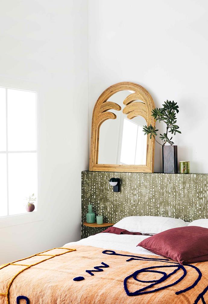 **Bedroom** Bedhead covered with 'Cloudburst' wallpaper in Chairo, $76/m, [Quercus & Co](https://www.quercusandco.com/|target="_blank"|rel="nofollow"). *On bedhead*, from left: 'Gabriella' half-mirror, $795, [Sarah Ellison](https://sarahellison.com.au/|target="_blank"|rel="nofollow"). Mist 'Rib' vase, $240, [Jardan](https://www.jardan.com.au/|target="_blank"|rel="nofollow"). Luxuriate 'Green One' candle, $149, [The DEA Store](https://thedeastore.com/|target="_blank"|rel="nofollow"). 'Ledlux Polo' LED wall light, $99.95, [Beacon Lighting](https://www.beaconlighting.com.au/|target="_blank"|rel="nofollow"). Menu 'Gridy Fungi' shelf, $279, [The DEA Store](https://thedeastore.com/|target="_blank"|rel="nofollow"). Maison Balzac 'J'ai Soif' carafe and glass in Mint (on shelf), $95/set, [Incu](https://www.incu.com/|target="_blank"|rel="nofollow"). 'Cloud Bubble' vase in Burgundy (on windowsill), $24, [Marmoset Found](https://marmosetfound.com.au/|target="_blank"|rel="nofollow"). Pillowcases in Fine Check, $110/set, and quilt cover in Fine Check, $380/queen, all [Major Minor](https://majorminorwares.com/|target="_blank"|rel="nofollow"). Quilt cover in Bordeaux (part of a set), $425/queen, and European pillowcase in Bordeaux, $79, both [In The Sac](https://inthesac.com.au/|target="_blank"|rel="nofollow"). Lrnce 'Fatimaa' throw, $1200, [Jardan](https://www.jardan.com.au/|target="_blank"|rel="nofollow").