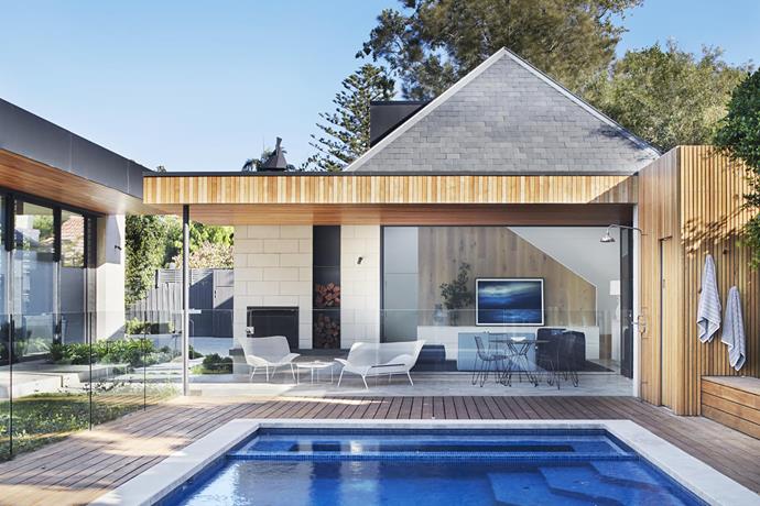 Kathryn Robson and Chris Rak were selected to marry a contemporary extension with an existing 1880s Victorian home. They added a new pool cabana extension which acts as an indoor-outdoor entertainment space. *Photograph*: Shannon McGrath | *Styling*: Swee Lim. From *Belle* February/March 2019.