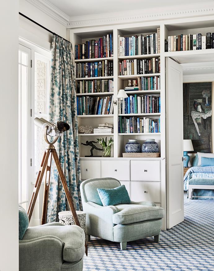This cosy reading nook designed by Adelaide Bragg features an armchair upholstered in Jim Thompson fabric from Milgate with cushions in Mogador fabric from South Pacific Fabrics. *Photograph*: Lisa Cohen. From *Belle* November 2018.