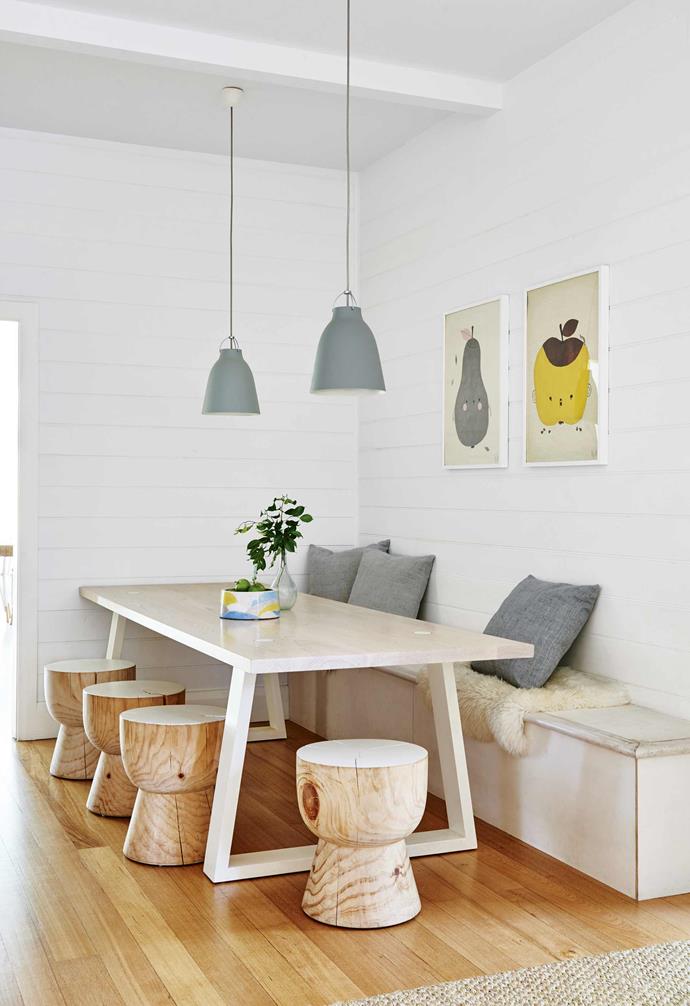 "We wanted to be near Torquay as we loved the surf coast area," says Dana. "Then this house popped up and I was getting heart palpitations because I loved what I saw. But I tried not to get too excited as it was a little out of our price range so I didn't think we would get it."<br><br>**Breakfast nook** This eat-in corner nook in the kitchen features a custom bench seat crafted by builder Mark Mulheron, as well as a table and 'Eggcup' stools from [Mark Tuckey](https://www.marktuckey.com.au/|target="_blank"|rel="nofollow"). A pair of [Fine Little Day](http://www.finelittleday.com/|target="_blank"|rel="nofollow") artworks reflects the home's welcoming atmosphere. Cushions & bowl, [Stone and Grain](https://stoneandgrain.com.au/|target="_blank"|rel="nofollow").