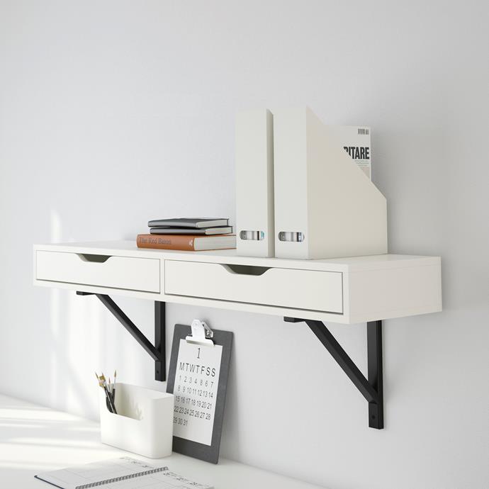**Open storage:** Open storage is a great way to organise your things while also being able to reflect who you are and display your most treasured items. The EKBY ALEX / EKBY LERBEG wall shelf also has two drawers so you can store smaller items out of sight. [EKBY ALEX/EKBY LERBEG wall shelf, $99](https://fave.co/2AXnyPz|target="_blank")