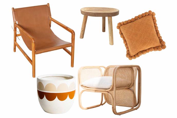 **Down to earth** Warm, welcoming tones in all shapes, forms and textures help bring the outdoors in. **Get the look** (clockwise from left) 'Felix' sling chair, $799, [Little Things Interiors](https://www.littlethingsinteriors.com/|target="_blank"|rel="nofollow"). HK Living 'Tree' table, $299, [Kira & Kira](https://kiraandkira.bigcartel.com/|target="_blank"|rel="nofollow"). 'Monte #29' cushion, $195, [Pampa](https://pampa.com.au/|target="_blank"|rel="nofollow"). 'The Cane Lounger', $849, [Worn](https://wornstore.com.au/|target="_blank"|rel="nofollow"). 'Wexler' pot, $145/small, [Pop & Scott](https://www.popandscott.com/|target="_blank"|rel="nofollow").