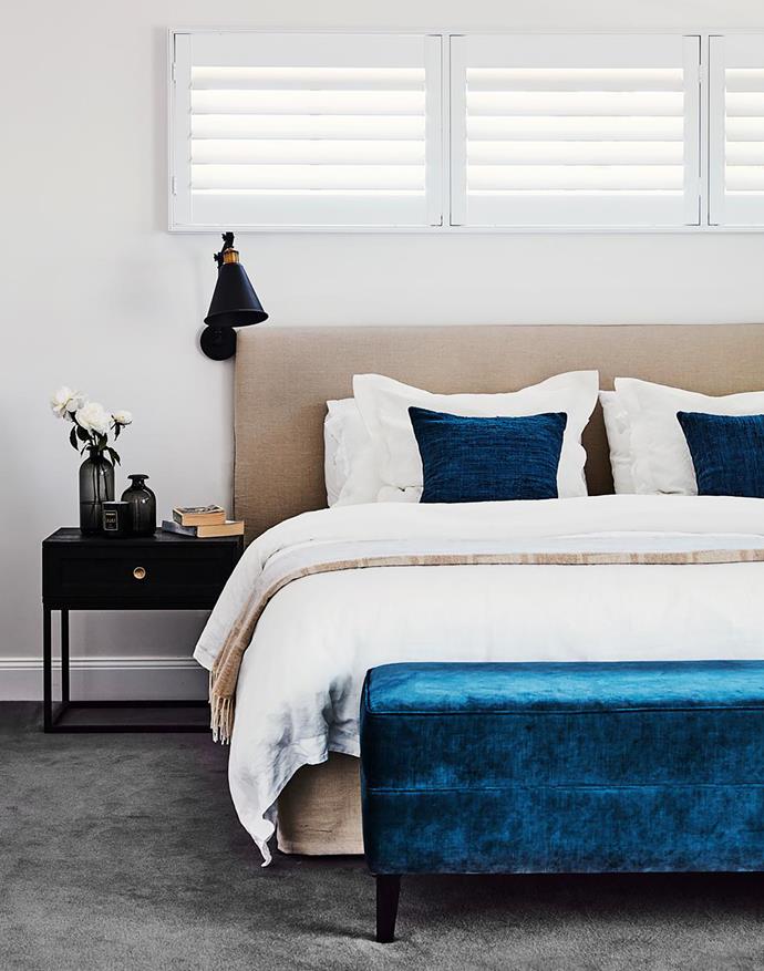Bed and ottoman, Flow Interiors & Styling. 'Roxbury' wall light, Temple & Webster. Smart buy: 'Alton' bed cushions, from $60 each, Sheridan.