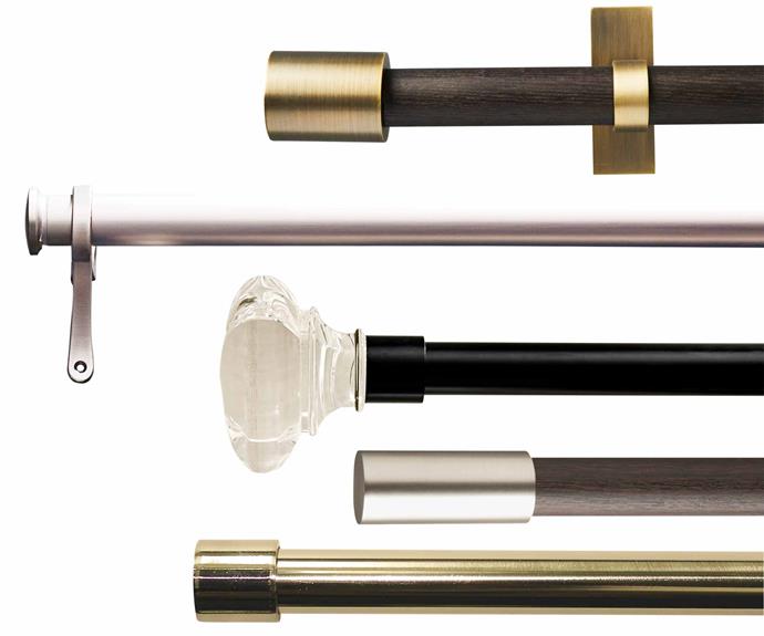 **Note**: All sets include mounting hardware, and all rods are extendable (dimensions in brackets). (from top down)  'Mid-Century' curtain rod (112cm-274cm) in Carbon/Brass, $159, [West Elm](http://westelm.com.au/|target="_blank"|rel="nofollow"). 'PB Standard' double curtain rod in Pewter (127cm-274cm), $214, [Pottery Barn](http://www.potterybarn.com.au/|target="_blank"|rel="nofollow"). 'PB Standard' curtain rod (152cm-274cm) and finial, $134, [Pottery Barn](http://www.potterybarn.com.au/|target="_blank"|rel="nofollow"). Umbra 'Enz' curtain rod in Walnut (182cm-366cm), $100, [Spotlight](https://www.spotlightstores.com/|target="_blank"|rel="nofollow"). Curtain rod in Gold (180cm-320cm), $79, [Freedom](https://www.freedom.com.au/|target="_blank"|rel="nofollow").