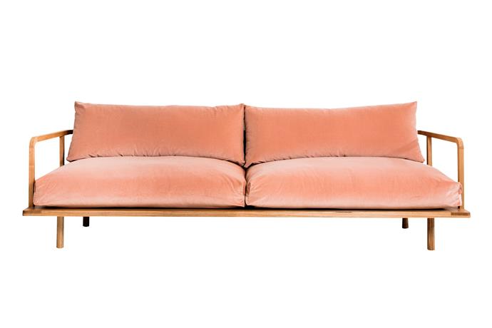 Plush Dreamer couch in Pink Velvet, $4840 for lovers size, [Pop & Scott](https://www.popandscott.com/|target="_blank"|rel="nofollow")