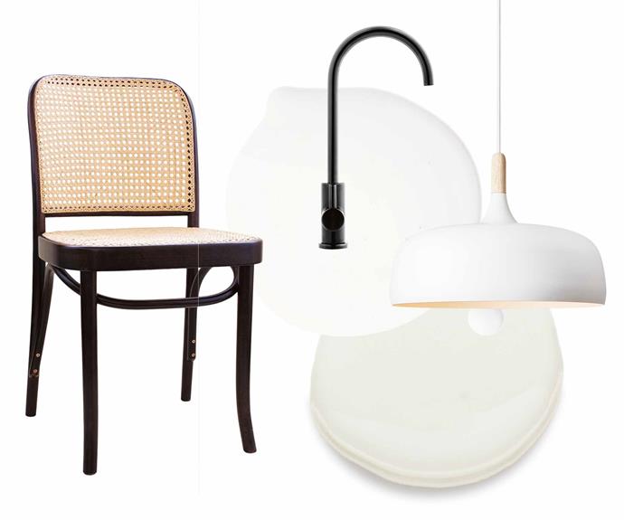 **Get the look** (clockwise from left) 'Hoffman 811' side chair in Dark Oak, $485, [Thonet](http://www.thonet.com.au/|target="_blank"|rel="nofollow"). 'B-3000' instant chilled filtered water dispenser, $2236, [Billi](https://www.billi.com.au/|target="_blank"|rel="nofollow"). Northern Lighting 'Acorn' pendant light in White, $1066, [Huset](https://www.huset.com.au/|target="_blank"|rel="nofollow"). Panelled wall in Snowy Mountains Quarter paint and wall in Whisper White, both $74.90/4L, [Dulux](https://www.dulux.com.au/|target="_blank"|rel="nofollow").