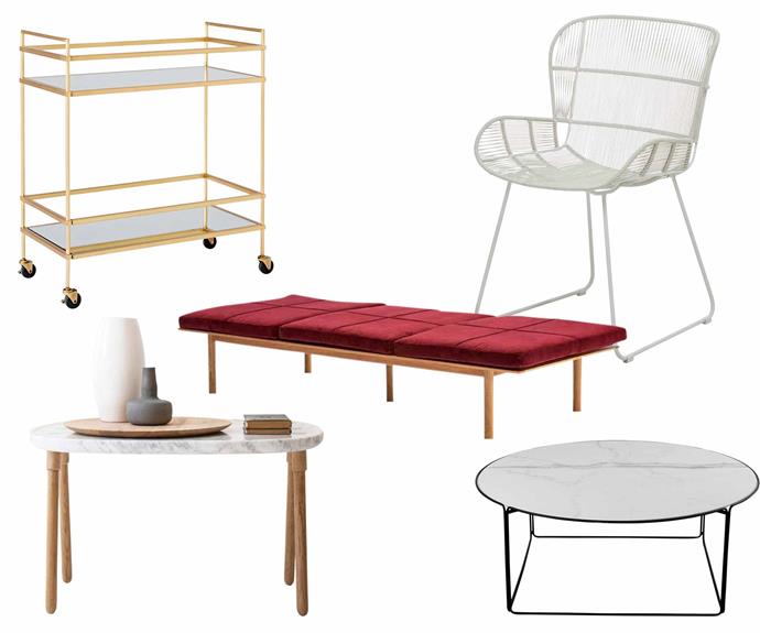 **Global village** A variety of pieces from different design influences help bring a Palm Springs look together. **Get the look** (clockwise from left) 'Terrace' bar cart, $699, [West Elm](http://www.westelm.com.au/|target="_blank"|rel="nofollow"). 'Granada Butterfly' chair, $750, [GlobeWest](https://www.globewest.com.au/|target="_blank"|rel="nofollow"). Adam Goodrum 'AG' table, $1980, [JamFactory](https://www.jamfactory.com.au/|target="_blank"|rel="nofollow"). Mr Fräg 'Cloud' side table, from $1925, [Cult](https://cultdesign.com.au/|target="_blank"|rel="nofollow"). Nau 'Bilgola' daybed, from $3259, [Cult](https://cultdesign.com.au/|target="_blank"|rel="nofollow").