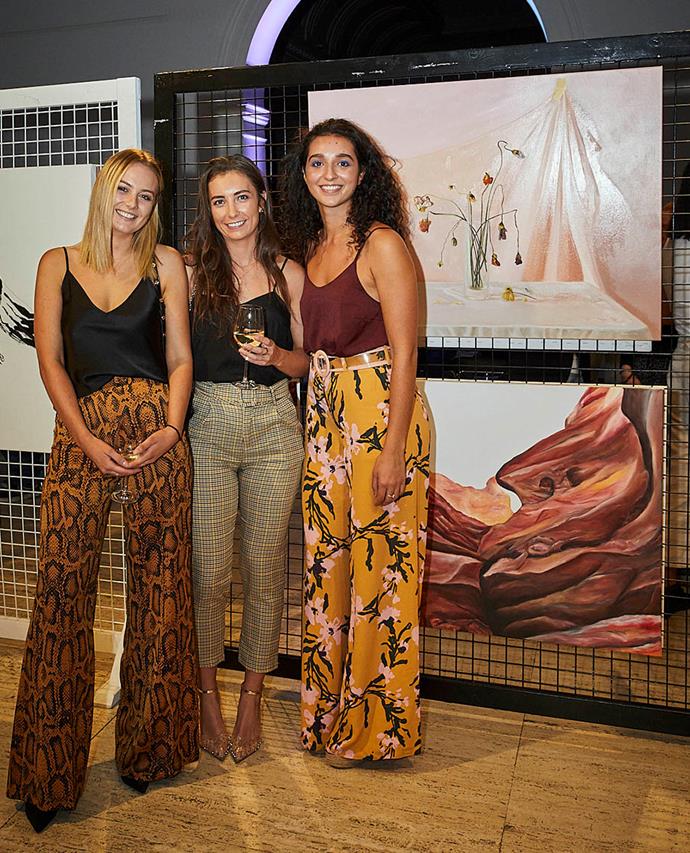 Kate Pertile and Lauren Elyse from Studio Gallery Melbourne with second-prize winner Olympia Antoniadis and her work, *Solace*.