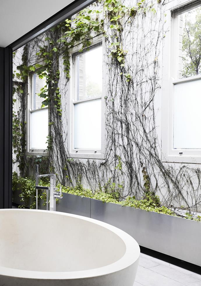 The main ensuite bath combines a sense of indoors and out as it sits within the overgrown perimeter wall.