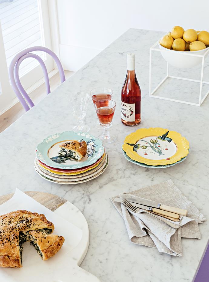 [Logan Wines](http://www.loganwines.com.au/|target="_blank") rosé with spinach pie laid out on the marble-topped dining room table.