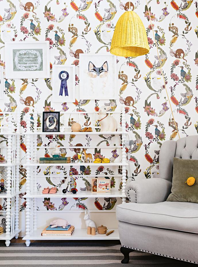 When it came to decorating the nursery, Hannah enlisted the help of her sister [Briar Stanley](http://sundaycollector.com.au/|target="_blank"|rel="nofollow"), a Sydney-based interior stylist who spotted a whimsical Sparkk wallpaper with native flora and fauna. "When Minnie was really tiny she was mesmerised by it," Hannah says. "Now she picks out the animals and talks to the flowers. It's such a pretty space and I love watching her enjoy it."