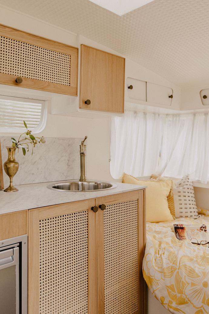 Beautiful brass tapware adds a luxe touch and has become Michael and Carlene's signature finish in their caravan renovations.