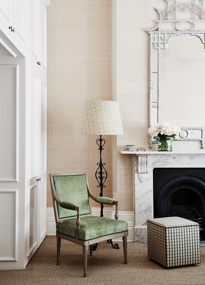 Barely touched since the 1800s, this handsome Victorian house has a newfound sense of lightness thanks to a robust renovation by Adelaide Bragg. Seagrass wallpapers from Thibaut. Lampshade in Galbraith & Paul fabric. Armchair from Brownlow Interior Design in Colefax and Fowler fabric.