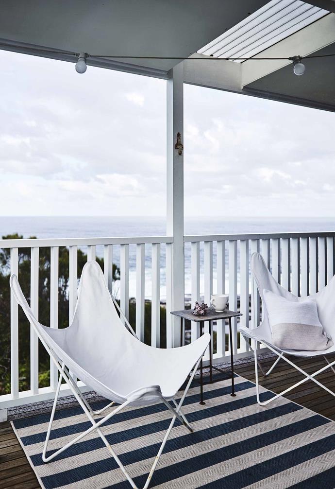 **Sweet dreams are made of great beds and pillows** "The bed needs to feel like you're sleeping on a cloud – but not too good, otherwise you won't get up for a surf first thing in the morning!"<br><br>**Deck**: Butterfly chairs from [My Island Home](http://www.myislandhome.com.au/|target="_blank"|rel="nofollow") are perched on the idyllic deck, which looks out over the beach. 'Hello Sailor' mug, [The Society Inc](https://thesocietyinc.com.au/|target="_blank"|rel="nofollow").