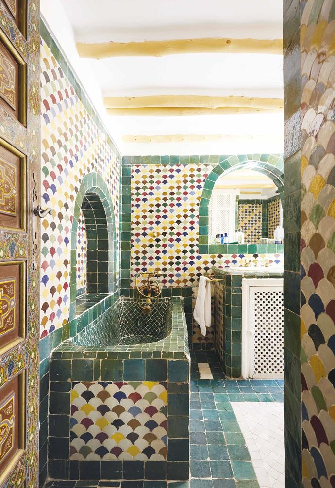 **Bathroom** If any room closely captures the exuberance of Moroccan design, it's this bathroom. A wealth of colour – thanks to the original tiles – is eye-catching. Vintage elements help to achieve a timeless quality that draws on the mystery of the past.