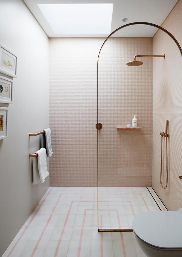 Flooring Custom-made Popham cement floor tiles in Milk and Coral from Onsite. Towel rail Single towel rail in brushed Rose Gold from Brodware.