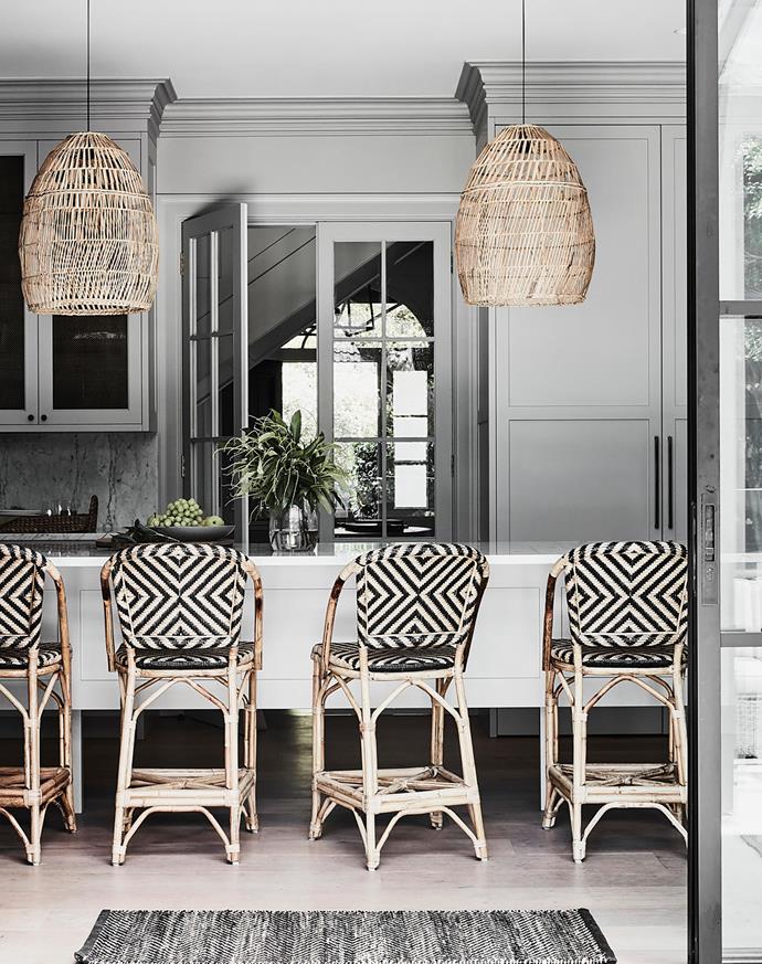 It was a two-year wait to have to have the kitchen installed but well worth it. It was designed in the classic 'Plain English' style Andrea favoured from her time living in London. Rug, Armadillo & Co. Havana bar stools, $699 each, Naturally Cane.