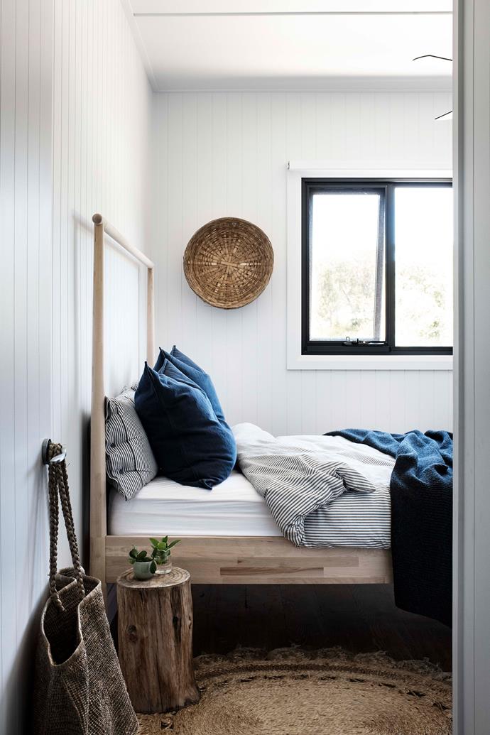 In the guest bedroom, the [IKEA 'Gjora' bed frame](https://fave.co/2WGRPuh|target="_blank"|rel="nofollow") showcases Leah's penchant for Scandi-inspired style. The bed linen is from Cultiver while the rug was found at [Few and Far](https://www.fewandfar.com.au/|target="_blank"|rel="nofollow") in Berry