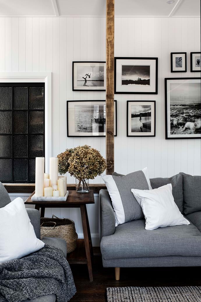 In the lounge area, black-and-white photographs, including an image by South Coast photographer Dean Dampney, hang above the Hampton sofa from [Lounge Lovers](https://www.loungelovers.com.au/|target="_blank"|rel="nofollow").