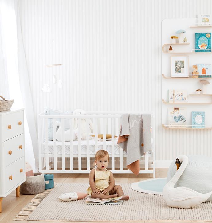 **The Swan Princess** 
<br><br>
Once upon a time, nurseries were painted in bright hues of pink, blue or yellow. Here, a timeless, [neutral palette](https://www.homestolove.com.au/kyal-and-karas-gender-neutral-nursery-1-6738|target="_blank") creates peace and calm – the perfect remedy for sleepless nights.