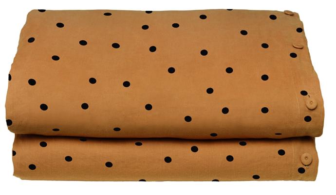 Butterscotch spot linen quilt cover, $235 for single, [Castle](https://www.castleandthings.com.au/product/butterscotch-spot-linen-quilt-cover/|target="_blank"|rel="nofollow").