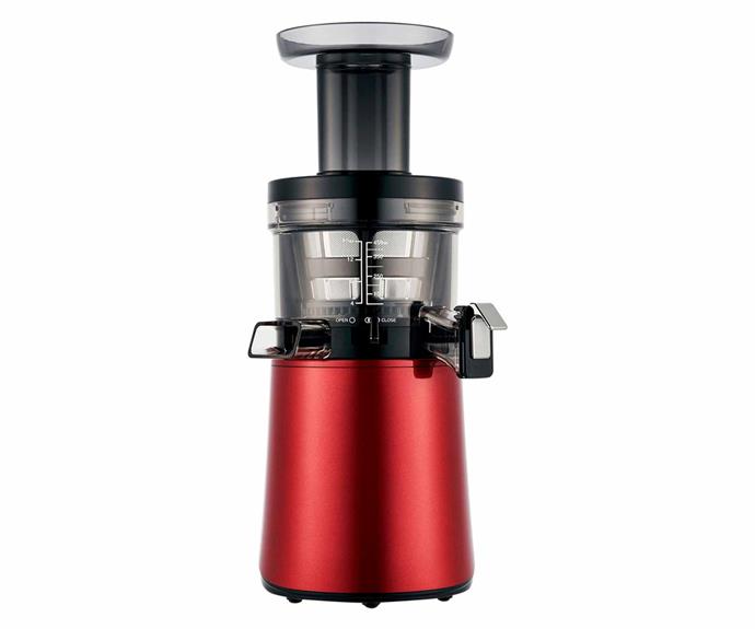 Hurom 'Alpha' cold press juicer in Wine Red, $649, [Myer](https://www.myer.com.au/|target="_blank"|rel="nofollow").