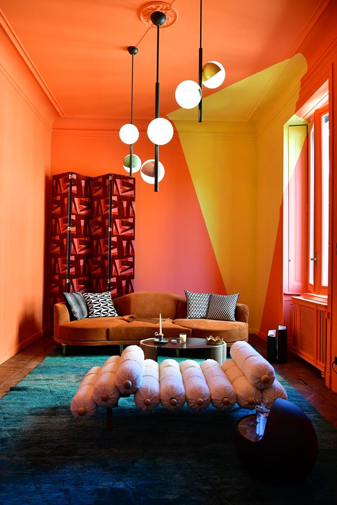 Bold tones project major Milanese glamour at PalermoUno, a gallery by interior designer Sophie Wannenes that's set within a classic apartment in the Brera district. Chaise by Mario Milano in Pierre Frey bouclé.