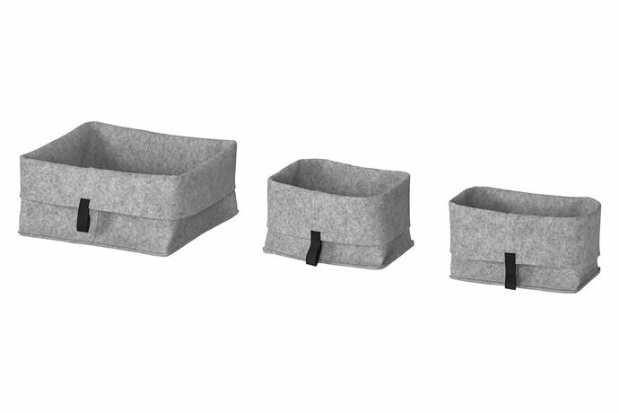 **[RAGGISAR basket set of 3, $7.50,](https://www.ikea.com/au/en/p/raggisar-basket-set-of-3-grey-70348021/|target="_blank"|Rel="nofollow")**<br>
These felt baskets are great to give a clearly defined home to your smaller items either on your shelves or in your drawers. The soft fabric is perfect for small belongings, jewellery or clothes, and the folded edges mean you can decide the height of the basket yourself.