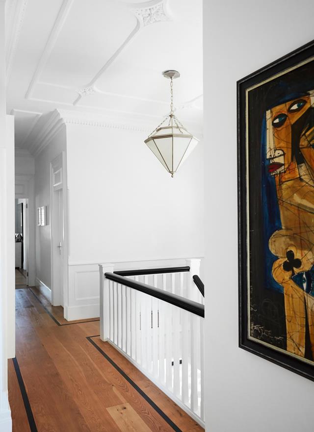 Interior designer Melissa Marshall selected a Ralph Lauren light fitting from Laura Kincade to hang over the staircase in this historic home in Sydney. *Photograph*: Prue Ruscoe | *Styling*: Lucy Montgomery. From *Belle* April 2019.