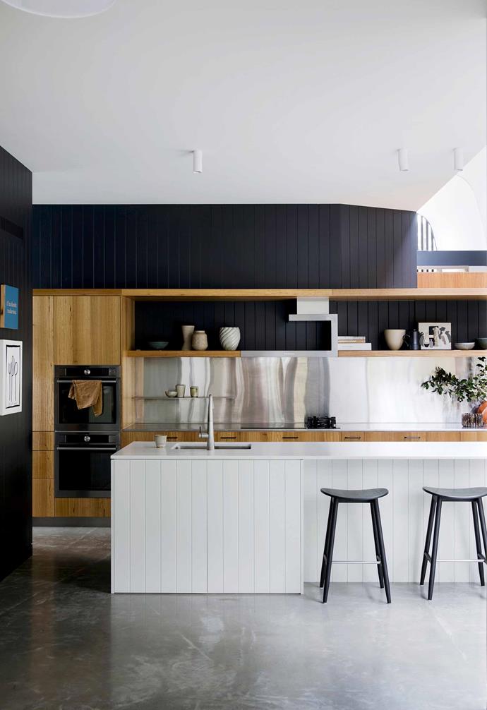 **Kitchen** More EasyVJ wall panels highlight the stainless-steel splashback and Smartstone Carrara-marble island benchtop. Blackbutt veneer cabinetry. Stools, [Spence & Lyda](https://www.spenceandlyda.com.au/|target="_blank"|rel="nofollow"). Unios 'Axis' surface-mounted downlights, [Special Lights](http://speciallights.com.au/|target="_blank"|rel="nofollow"). Tea towel, [Hale Mercantile Co](https://halemercantilecolinen.com/|target="_blank"|rel="nofollow"). Ceramic beaker, [Planet](https://planetfurniture.com.au/|target="_blank"|rel="nofollow"). Artwork by Catherine Hickson, [Art2Muse](https://art2muse.com.au/|target="_blank"|rel="nofollow").