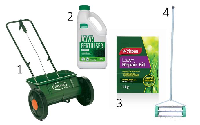 1. Scotts Even Green Drop **fertiliser spreader**, $74.78, from [Bunnings](https://www.bunnings.com.au/scotts-even-green-drop-fertiliser-spreader_p2972671|target="_blank"|rel="nofollow"). 2. 3-Day green lawn **fertiliser concentrate**, $17.50, from [Hoselink](https://www.hoselink.com.au/buy/3-day-green-lawn-fertiliser-concentrate/C200|target="_blank"|rel="nofollow"). 3. Yates lawn **seed repair**, $14.95, from [Mitre 10](https://www.mitre10.com.au/yates-lawn-seed-repair-1kg|target="_blank"|rel="nofollow"). 4. Saxon **lawn aerator roller**, $24.99, from [Bunnings](https://www.bunnings.com.au/saxon-lawn-aerator-roller_p3360864|target="_blank"|rel="nofollow").